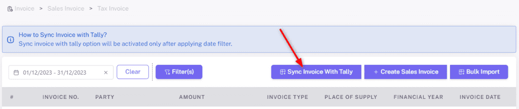 Click on Sync Invoice With Tally